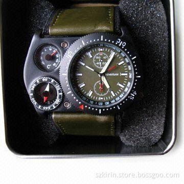 Alloy Stainless Steel Case Back and Buckle, Japan Quartze Movement, Army Green PU Leather Strap